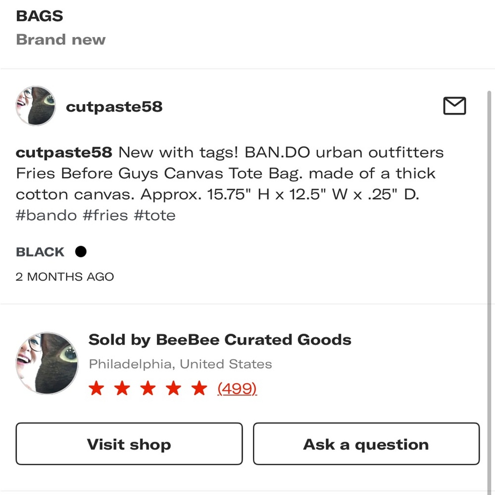 NWT UO BAN.DO Fries Before Guys Canvas Tote Bag - Picture 6 of 6